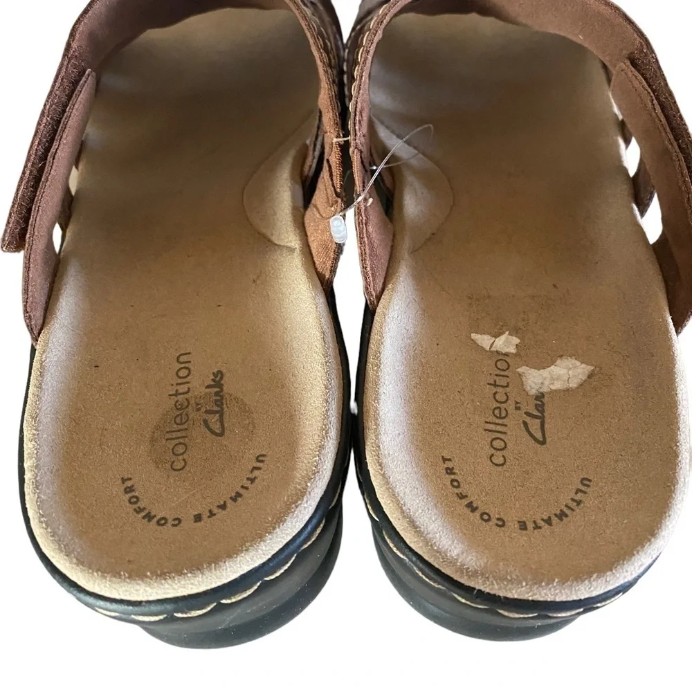 CLARKS COMFORT LEATHER COLLECTION SLIP-ONS BROWN 2” Heel Leather Flower …